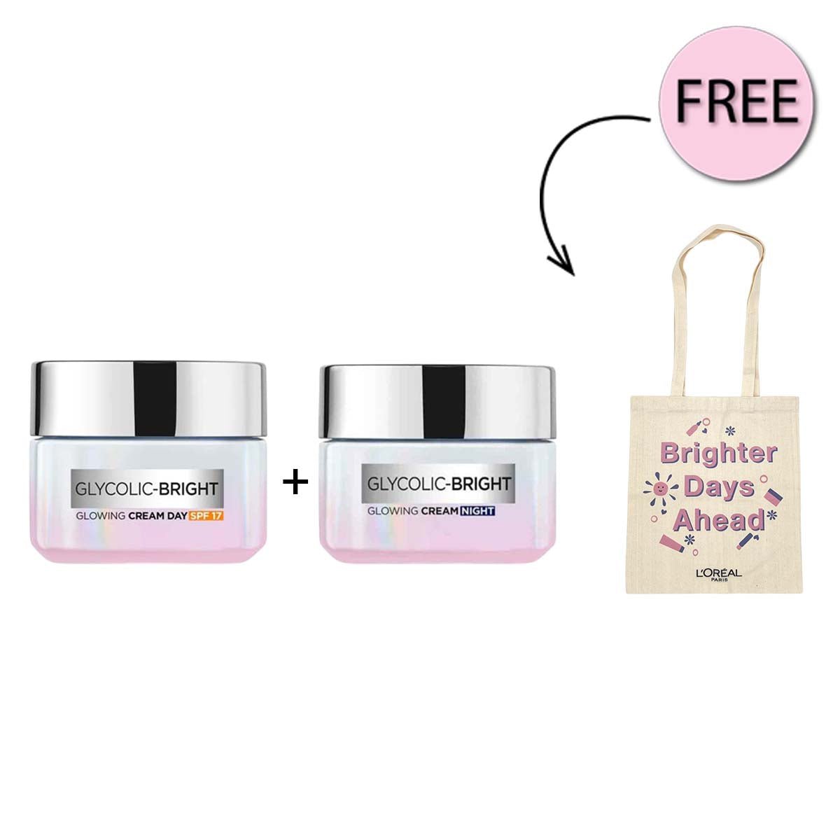 LorealParisGlycolic-brightDayCream50ml_LorealParisGlycolic-brightNightCream50ml_FreeBag.jpg Loreal Paris Glycolic-bright Day Cream 50ml + Loreal Paris Glycolic-bright Night Cream 50ml + Free Bag | طقم كريم غليكوليك برايت النهاري والليلي 50 مل مع حقيبة مجانية - Image 1