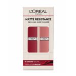 Loreal Paris Matte Resistance Liquid Lipstick Red And Nude Twin Pack | طقم أحمر شفاه سائل مات ريزستنس بدرجات حمراء ونود - قطعتان